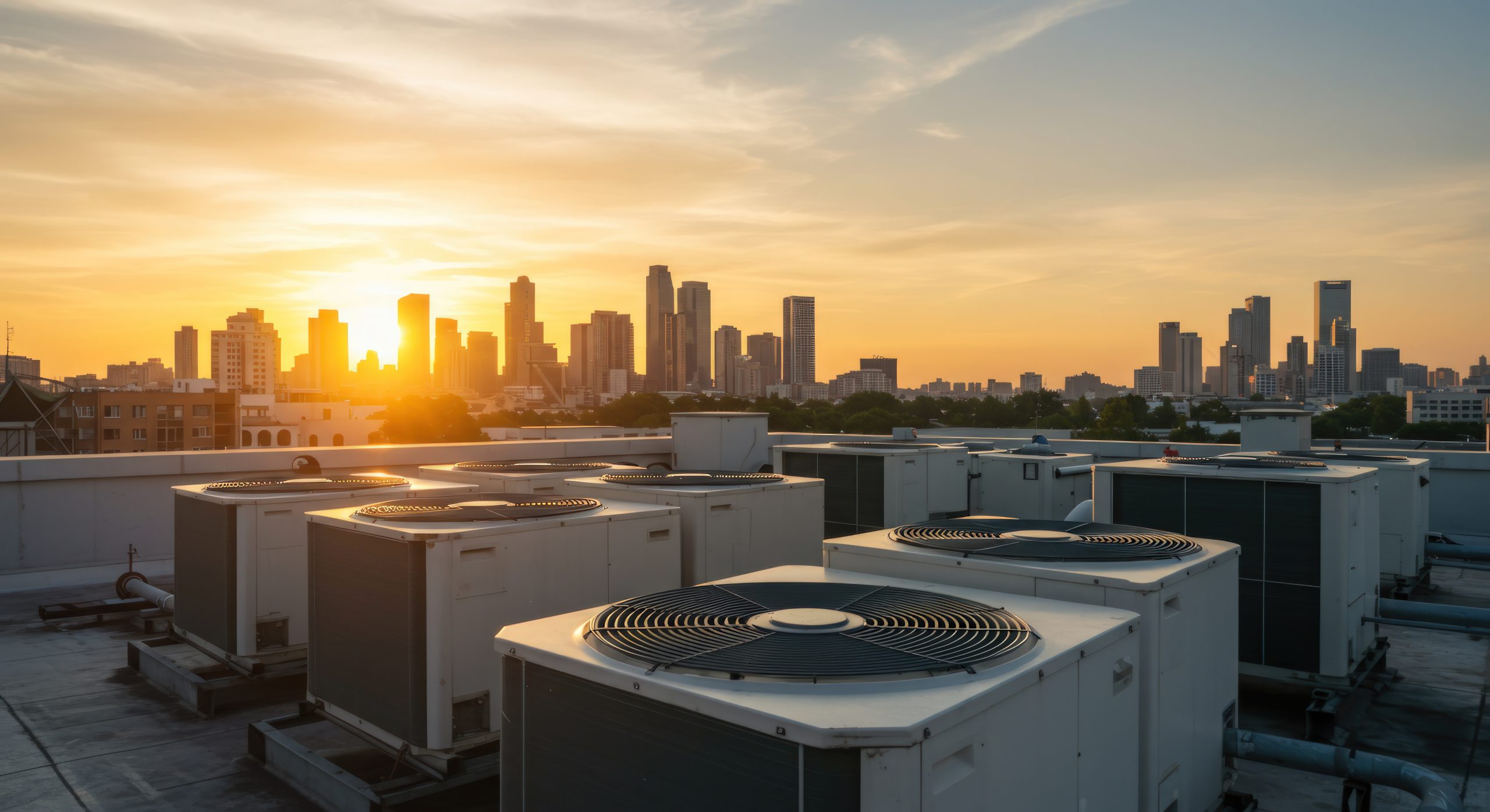 sean patrick hvac inc glendora california 2026 10 07T07 56 08.678291Z rooftop hvac units with cityscape at sunset free photo